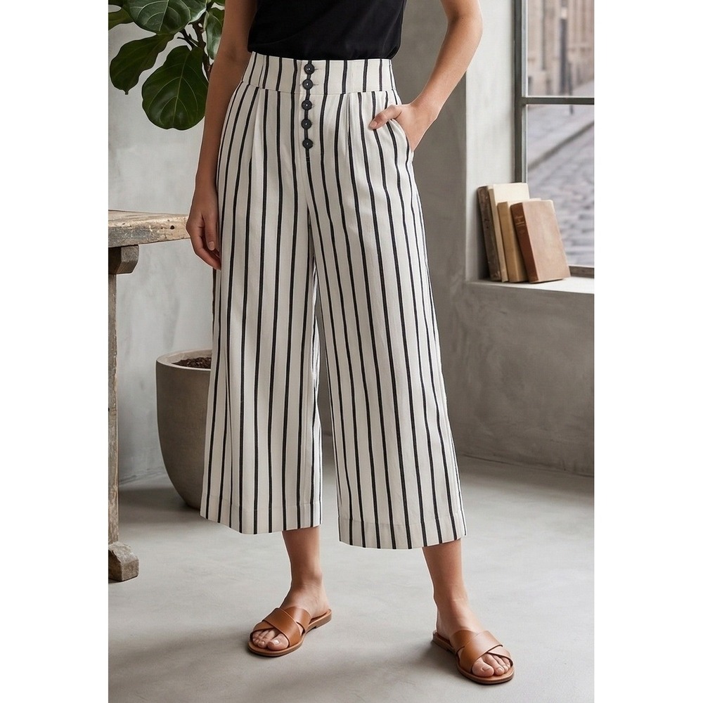 Crosby by Mollie Burch Striped Wide Leg Cropped Pants Womens M High Rise Coastal